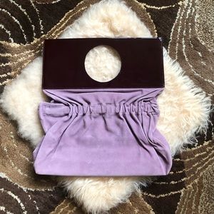 Rachel Comey square,burgundy patent leather and lavender suede clutch or handbag